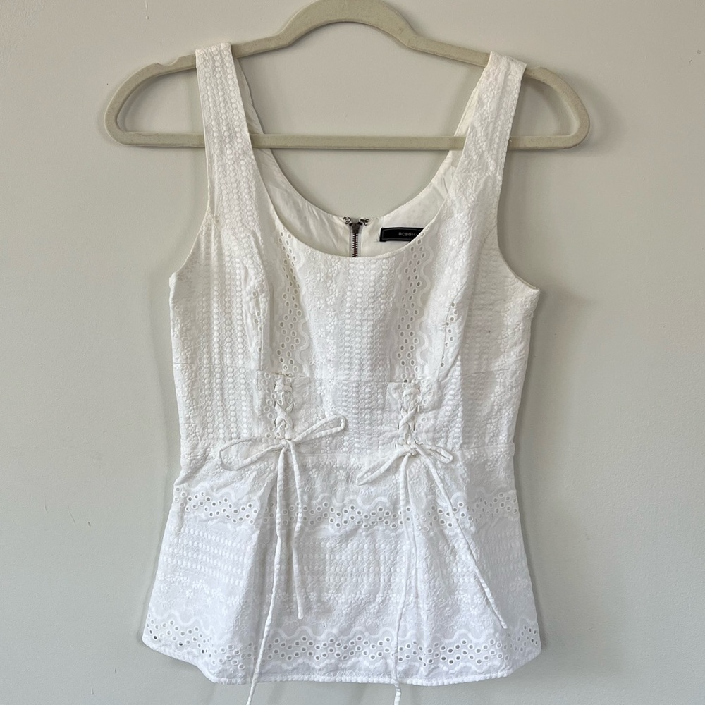 BCBG MazAzria White Eyelet Peplum Corset Top